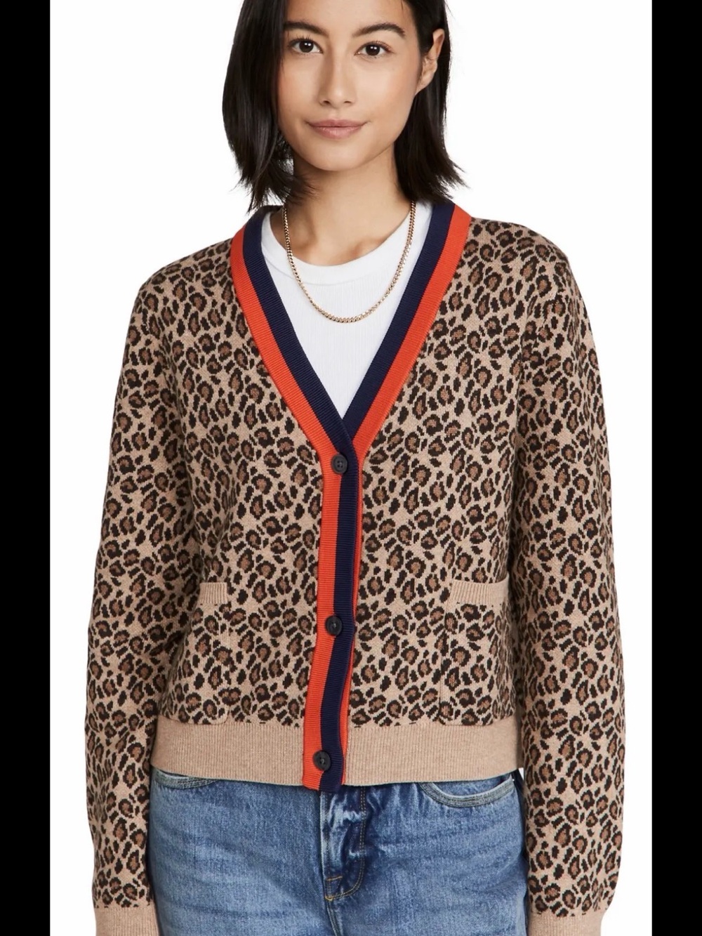 KULE Leopard Print V-Neck Cardigan with Navy and Orange Trim